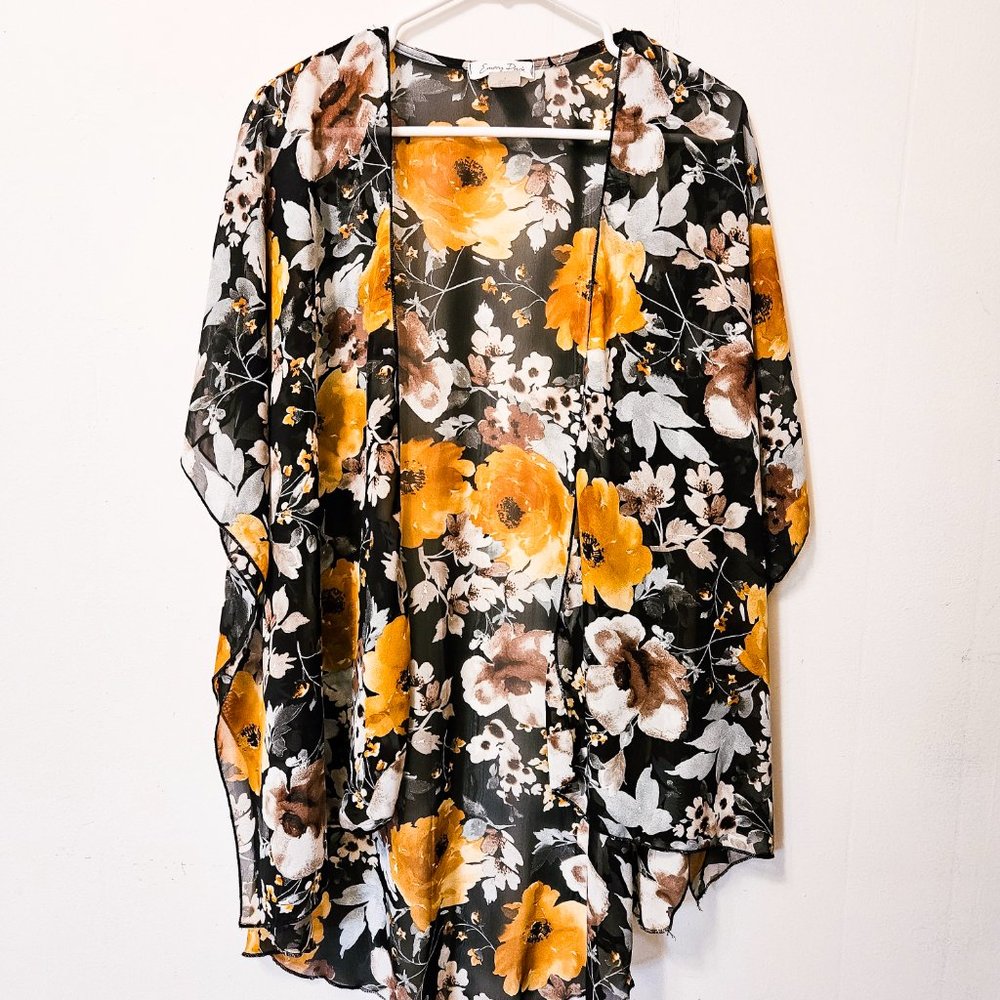 Caley Open front woven -shawl, stitch fix, yellow-black-white, floral, polyester